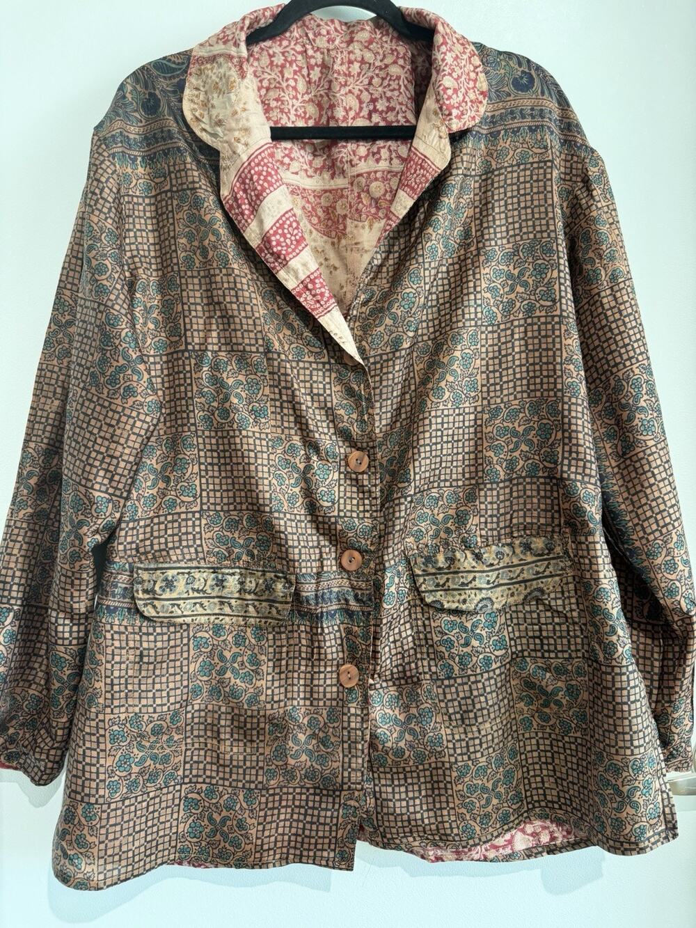 ART 100% Silk BOHO Ethnic Patchwork Reversible Button Down Shacket Women's L